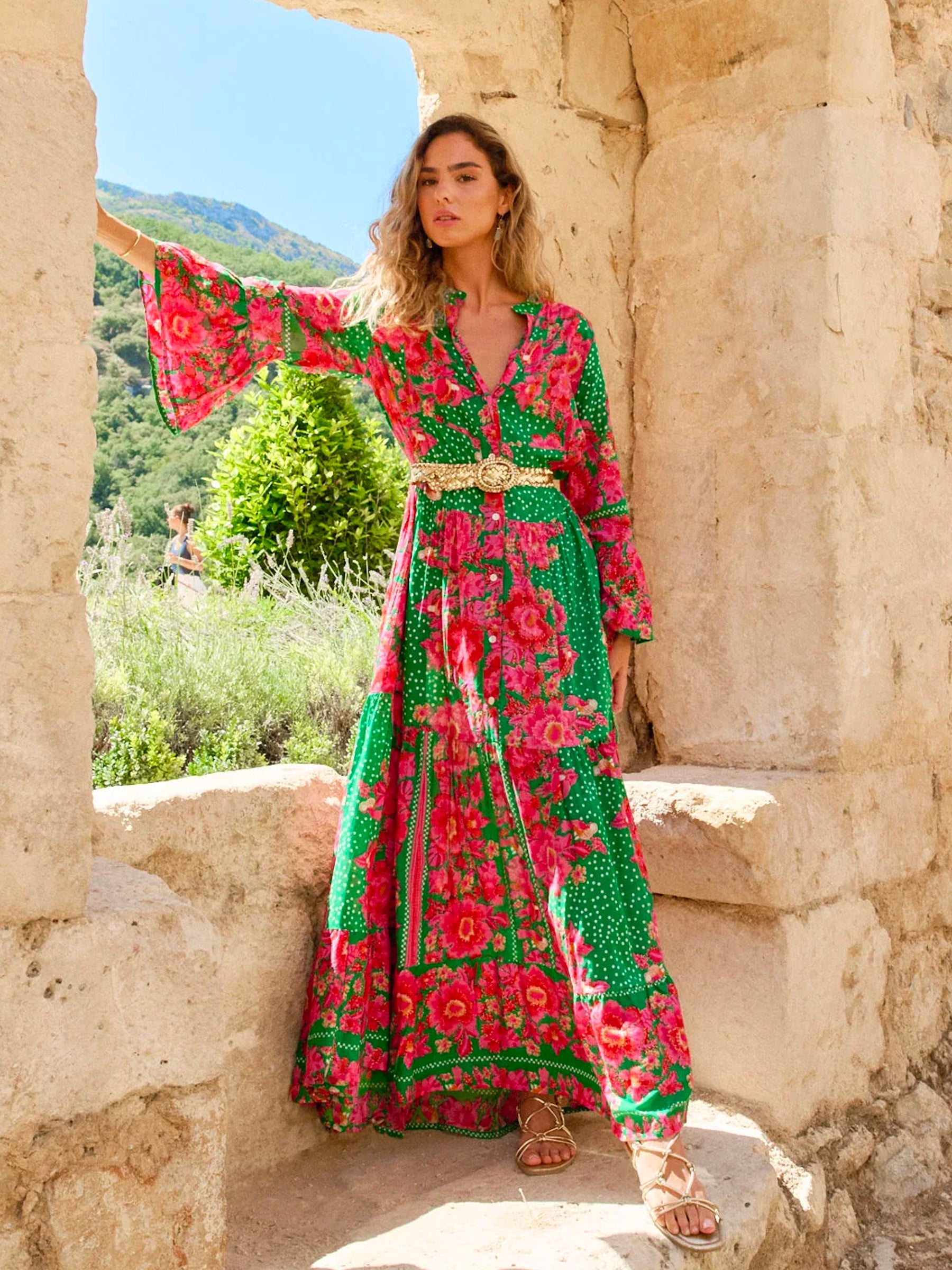 Green/Pink Floral Print Button Front Maxi Dress with 3/4 Trumpet Sleeves
