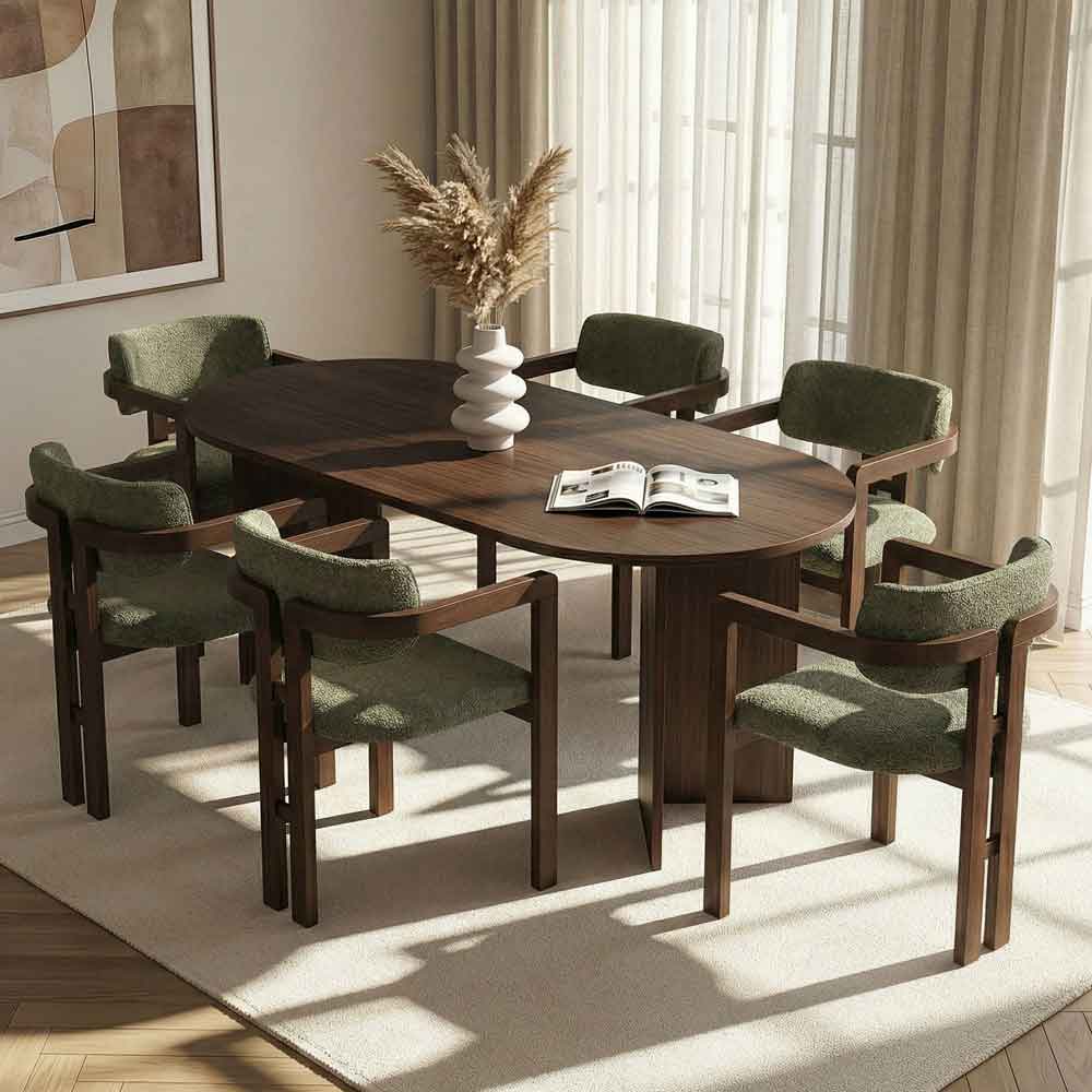 Meridale Milano Walnut Oval Wooden Dining Table with 6 Green Chairs